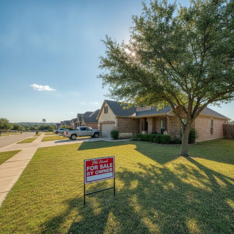 For sale sign in front of a suburban Texas home under blue sky
