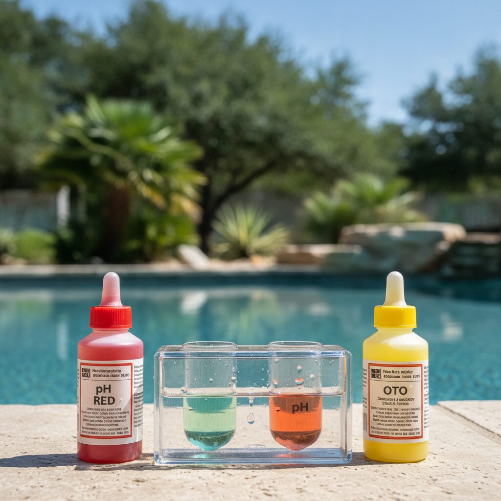 Pool water testing kit with chlorine and pH reagent bottles