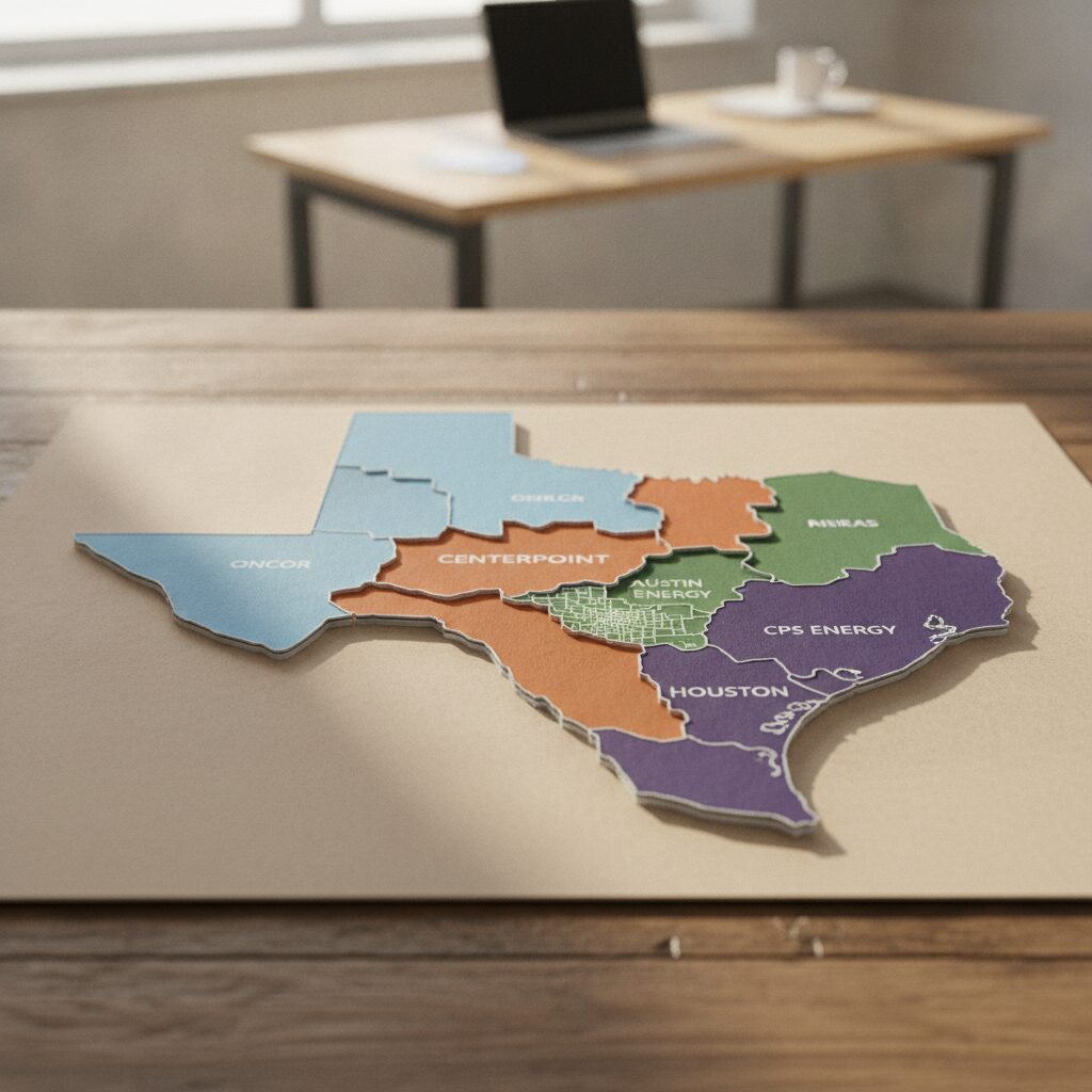 Map showing Texas utility service territories including Oncor, CenterPoint, Austin Energy, and CPS