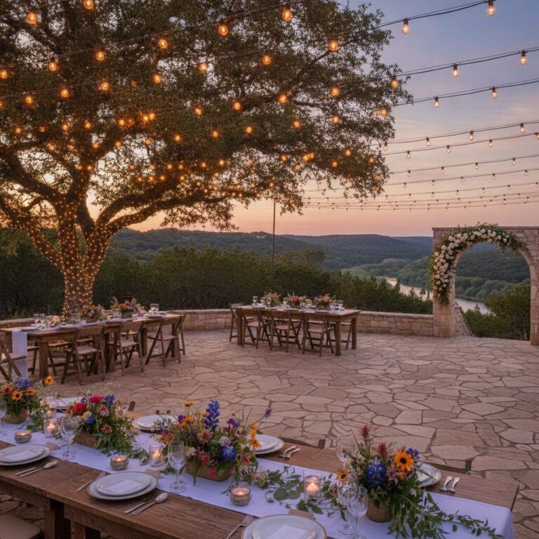 Outdoor Texas Hill Country wedding venue with string lights at dusk