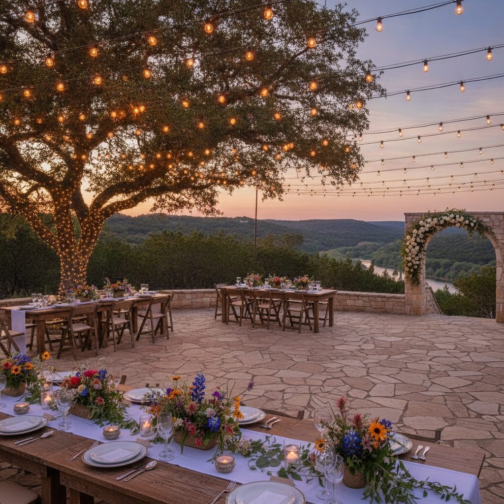 Outdoor Texas Hill Country wedding venue with string lights at dusk