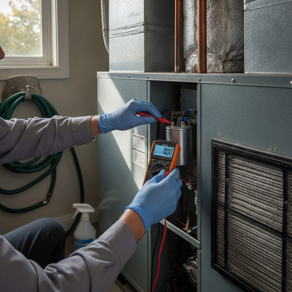 Technician measuring capacitor microfarad reading with a multimeter