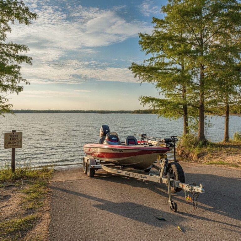 Bass boat on trailer parked near a Texas lake ramp