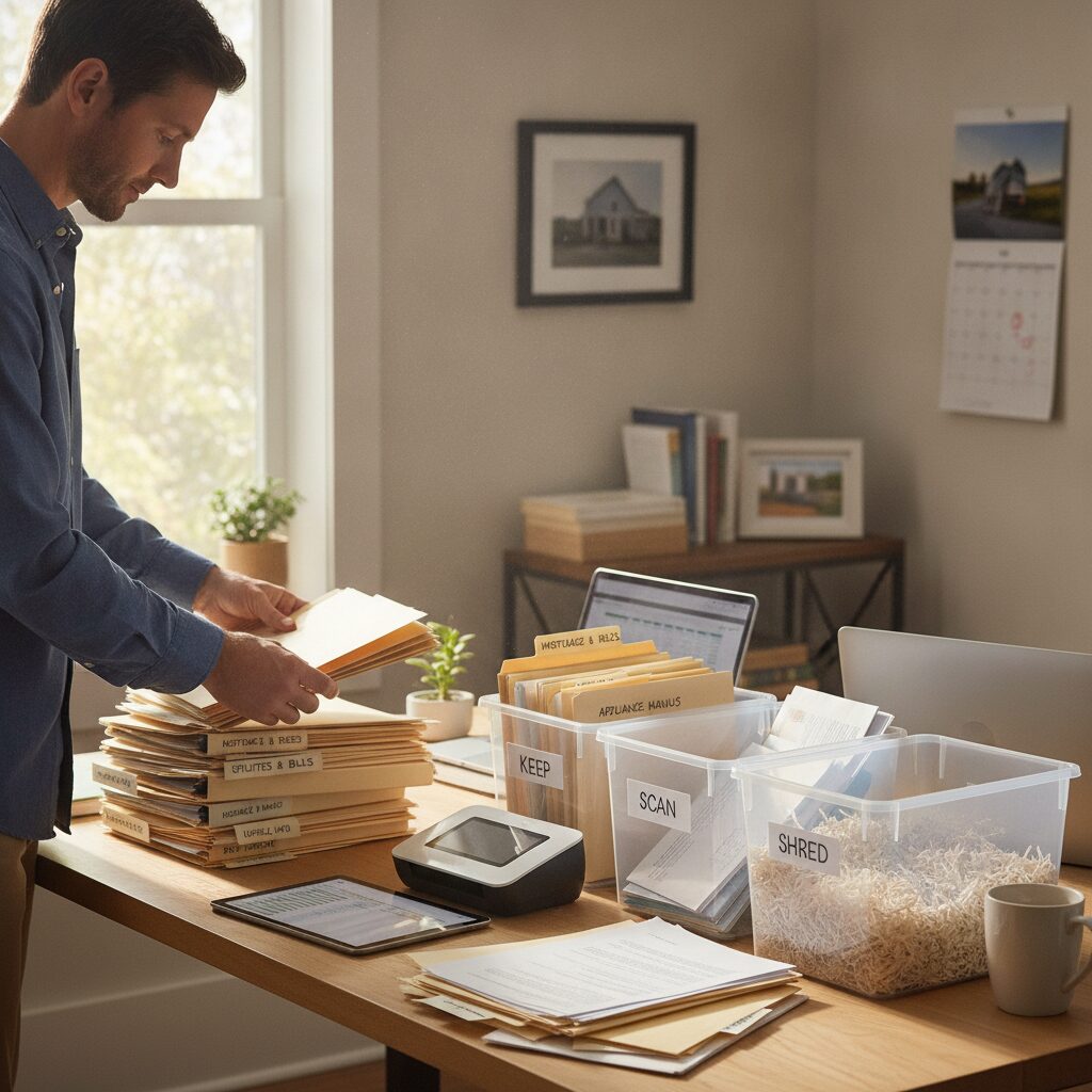 Homeowner organizing important documents in labeled folders on a desk